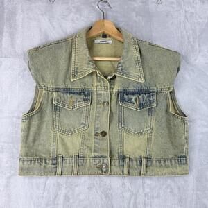 DaCpan Cropped Denim Vest Olive Green Washed Sleeveless Jacket Size S Skate Y2K